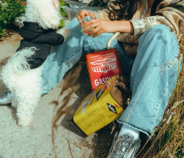 A white dog beside hands holding a Coterie jar, denim and a vintage Gasoline tin.