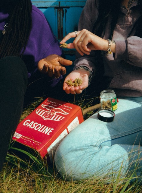 A close view of hands holding flower over denim beside a Coterie jar.