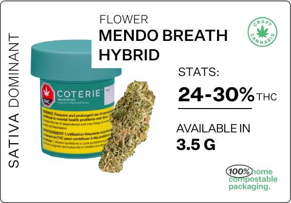 Coterie Brands Cannabis- Flower Type- Mendo Breath Hybrid- 100% home compostable packaging-Sativa Dominant