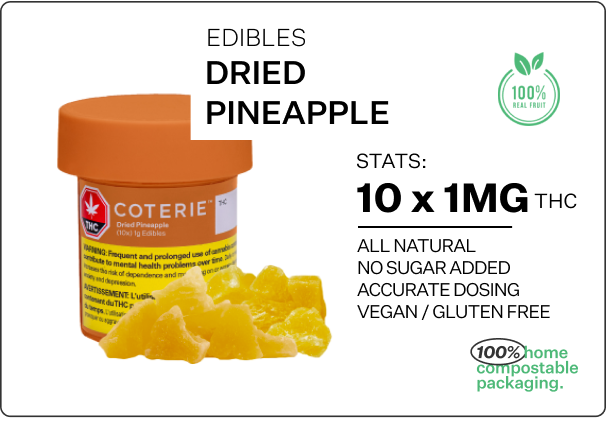 Coterie Brands Cannabis- Edible Type- Dried Pineapple- 100% home compostable packaging-Sativa Dominant