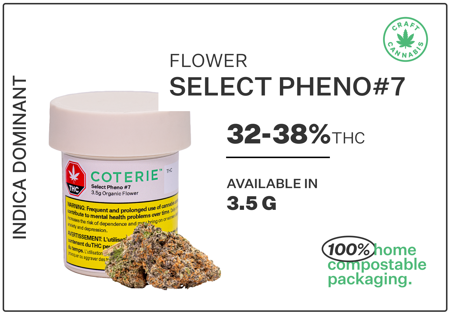 Coterie Brands Cannabis- Flower Type- Pheno #7- 100% home compostable packaging-Indica Dominant